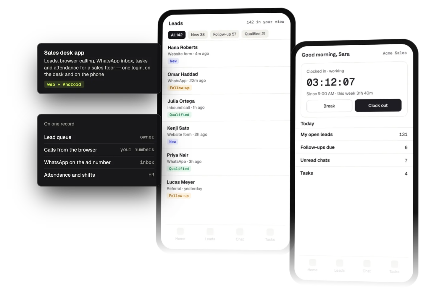 Sales desk app showing a leads list and the home screen — illustrative